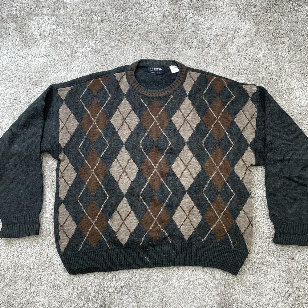 Lorenzo Sweater Mens Large Argyle Pullover Made in Italy Crewneck Knit